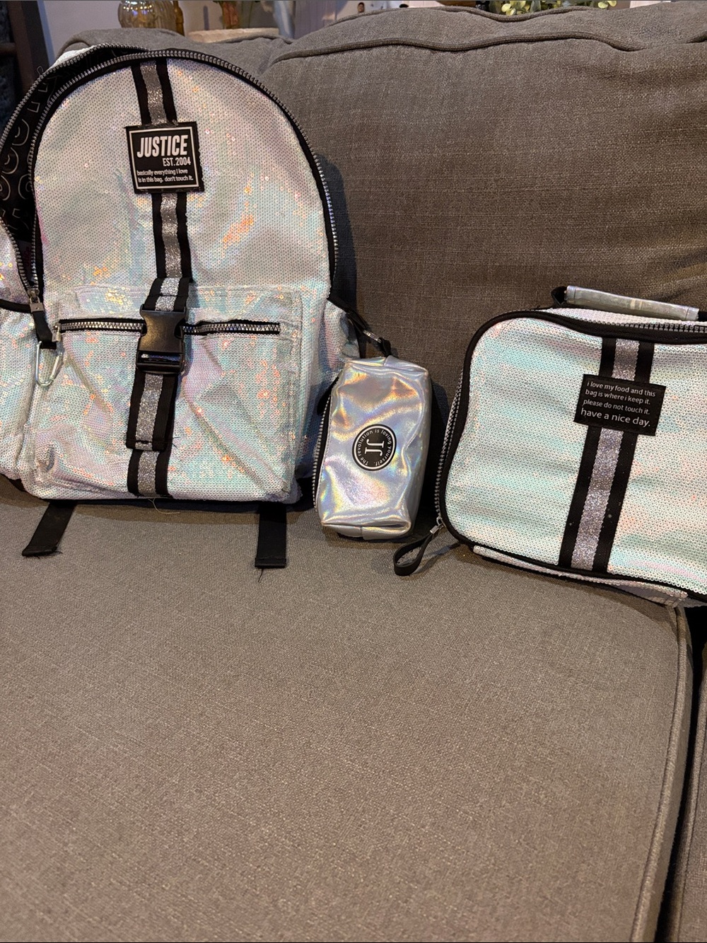 Justice Iridescent & Black Sequin Kids Backpack with lunch box and pouch Set